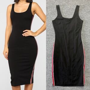 Joe & Elle Black Bodycon Midi Dress Women’s Sz S Side Stripe Tank Racer W/ Split